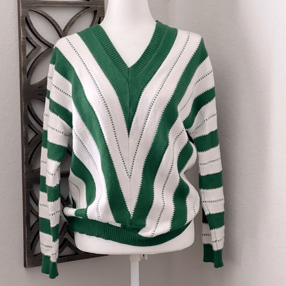 Pretty Garden Sweaters - PRETTY GARDEN Pullover Knit Sweater V-Neck Color Block Stripe Green Whit…